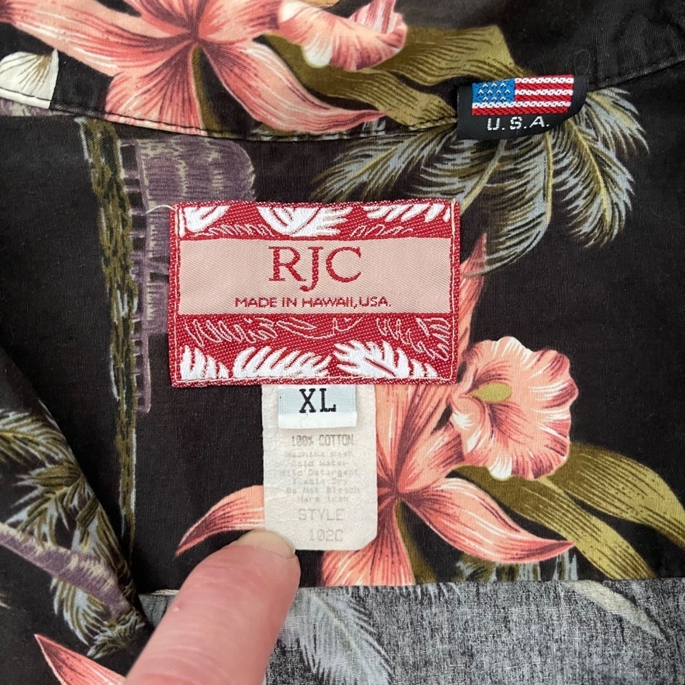 RJC Vintage Hawaiian Shirt 100% Cotton Black Floral Palm XL - Picture 3 of 6